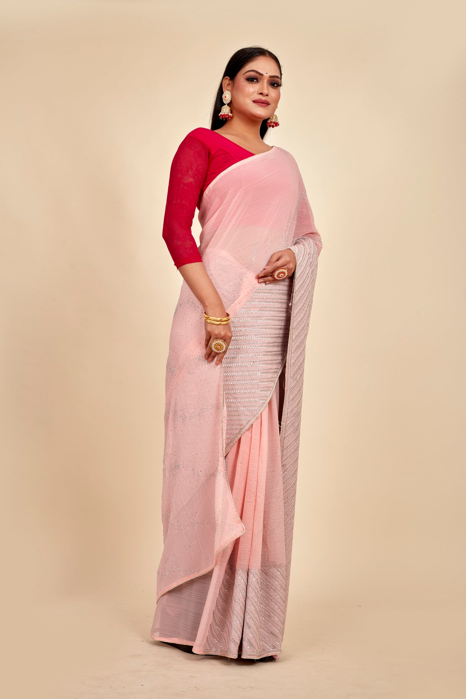 Coral Pink Thread Work Georgette Designer Mahalasa Saree