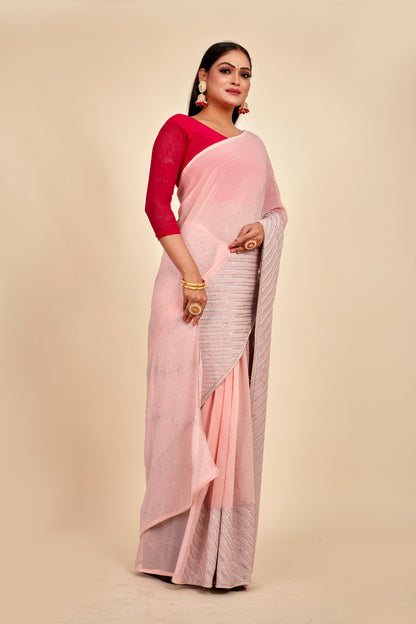 Light Pink Georgette Daimand Work Party Wear Mahalasa  Saree