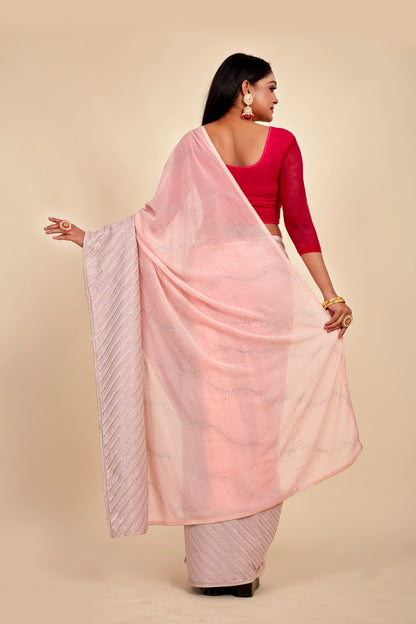 Light Pink Georgette Daimand Work Party Wear Mahalasa  Saree