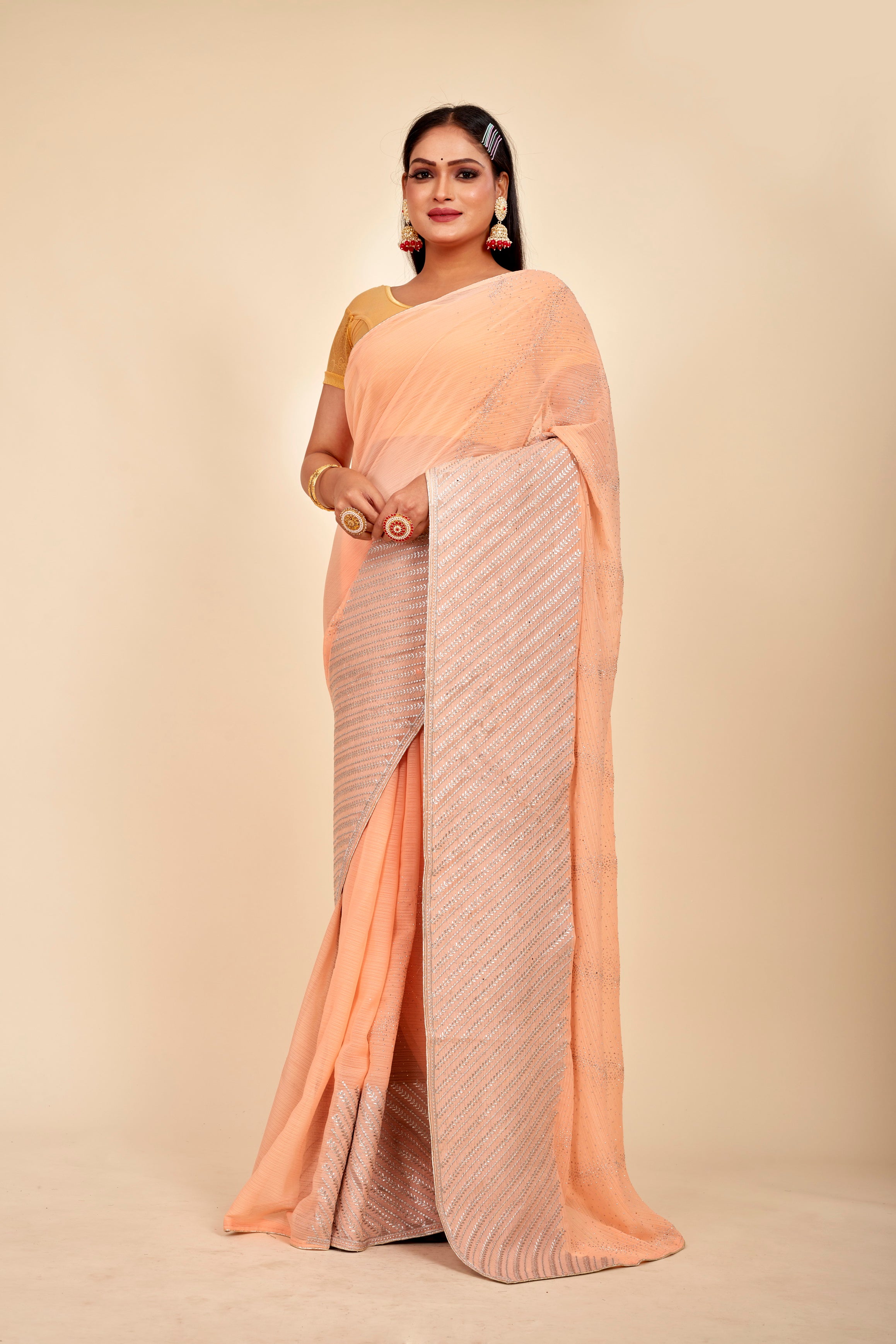 Buy Satisfying Peach Sequins Work Net Party Wear Saree With Blouse From  Zeel Clothing.