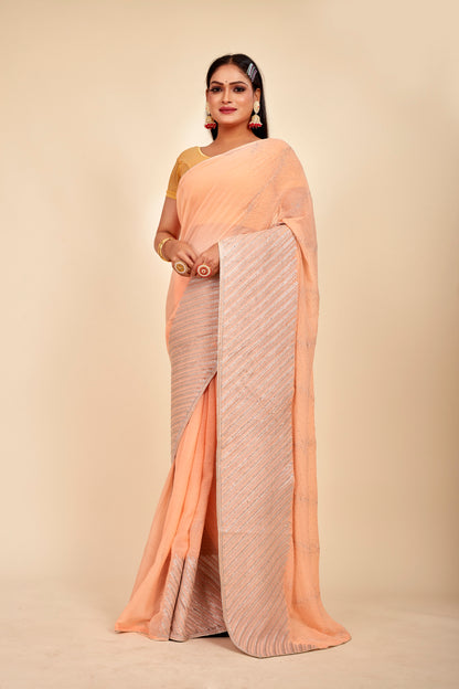 Peach Chiffon Embroidery Work Designer Mahalasa Saree