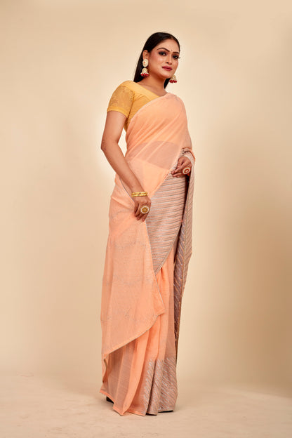 Peach Chiffon Embroidery Work Designer Mahalasa Saree