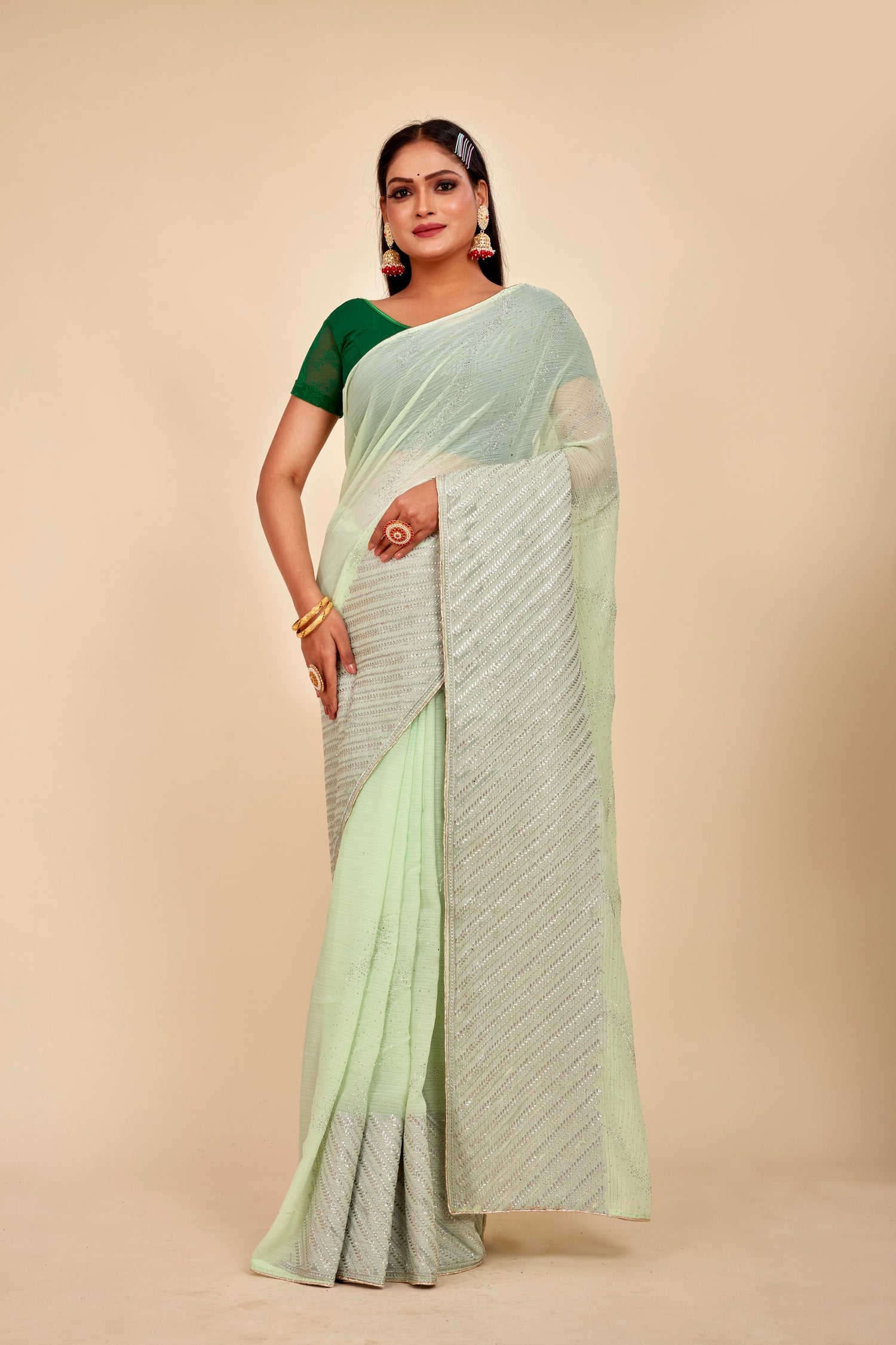 Pista  Colour Party Wear Saree With Unstiched Blouse