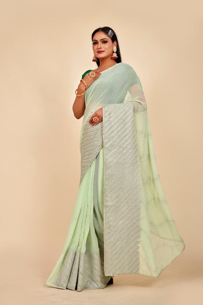 Pista  Colour Party Wear Saree With Unstiched Blouse