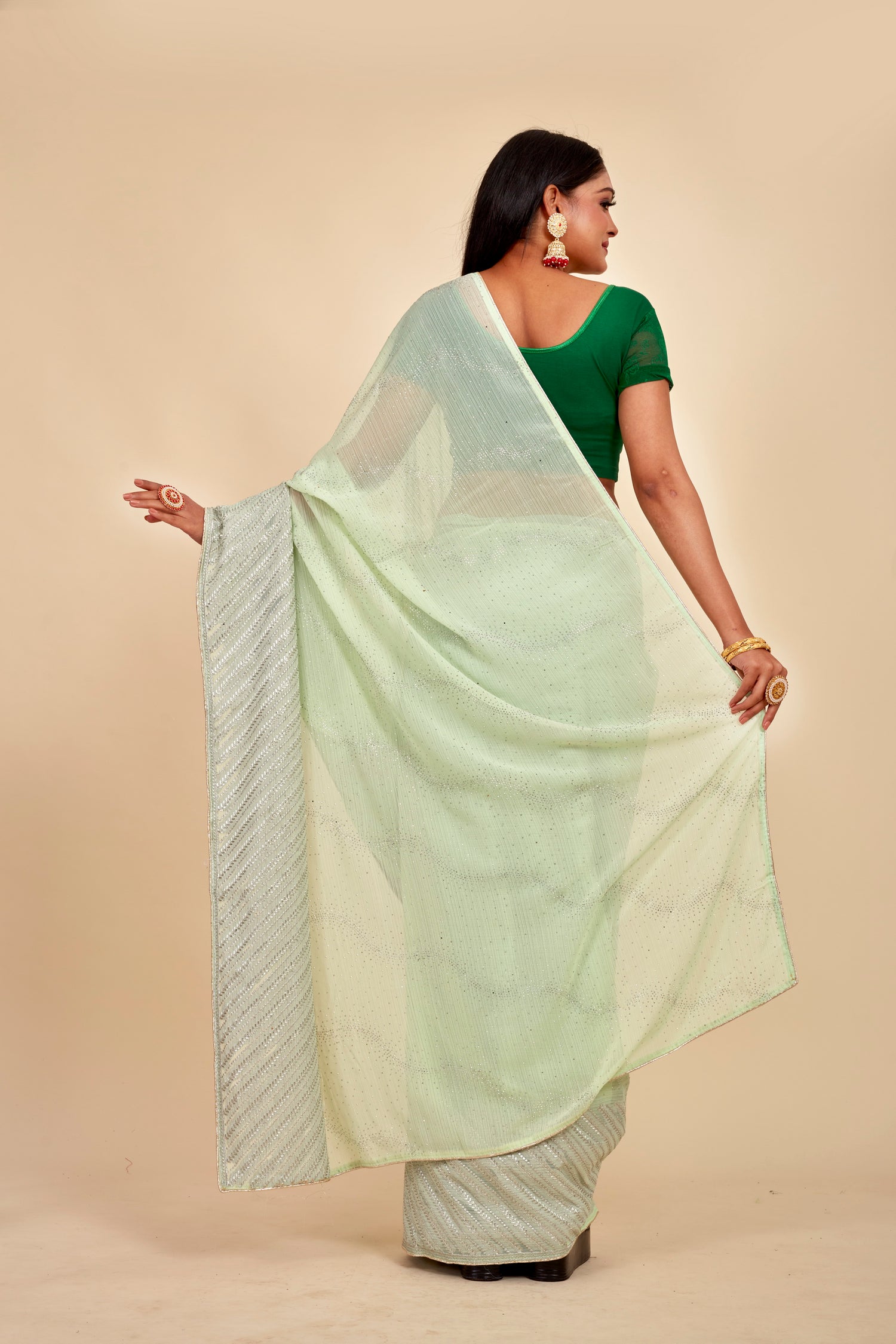 Pista  Colour Party Wear Saree With Unstiched Blouse