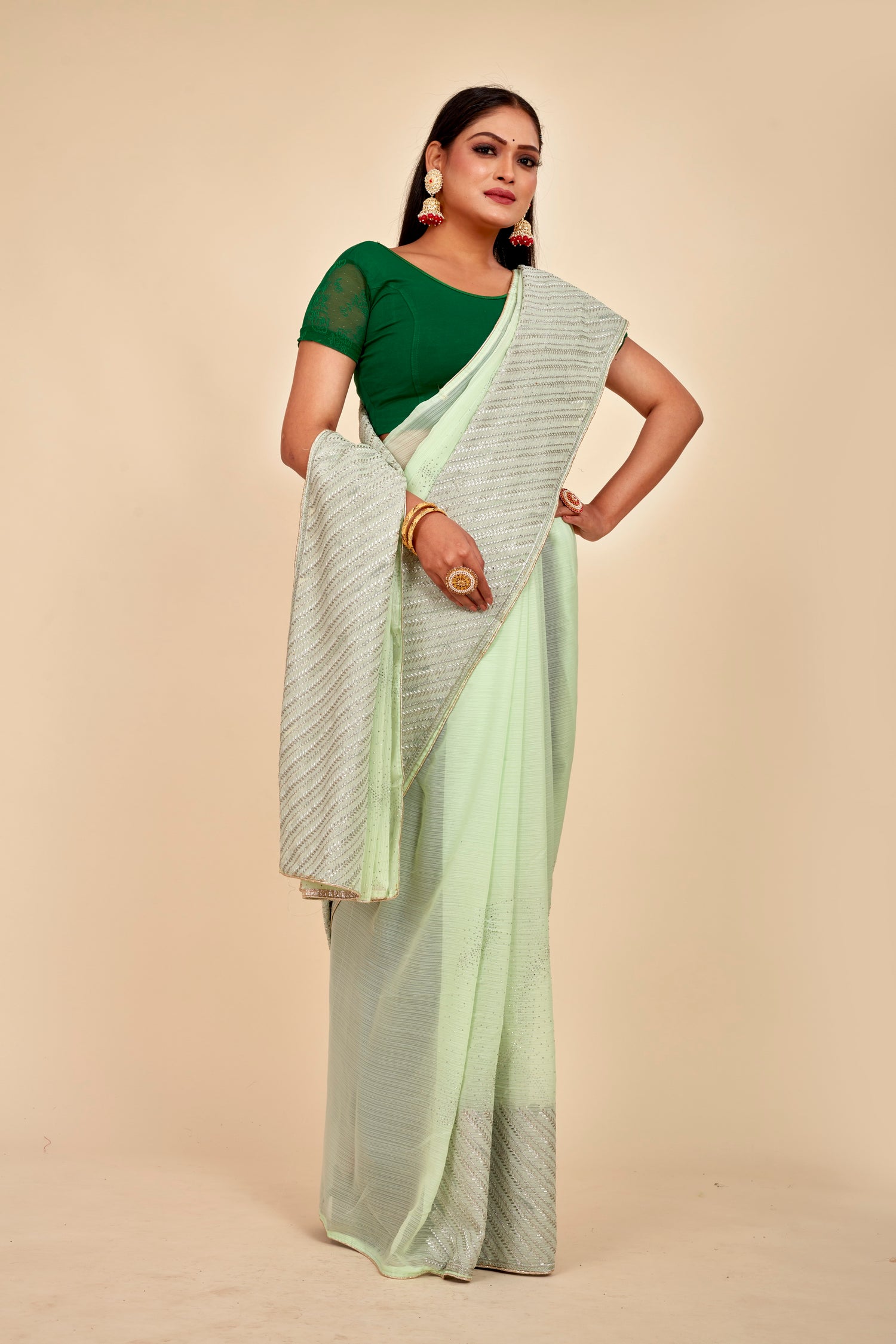 Pista  Colour Party Wear Saree With Unstiched Blouse