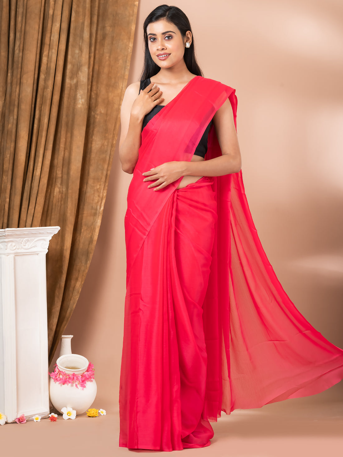 Gajri Chiffon Solid Plain Designer Daily Wear Mahalasa  Saree