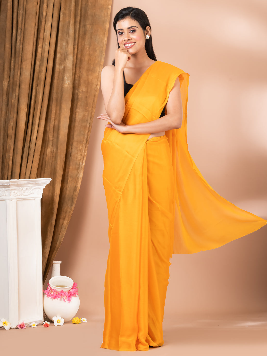 Citrine Yellow Solid Raw Silk Designer Mahalasa Saree