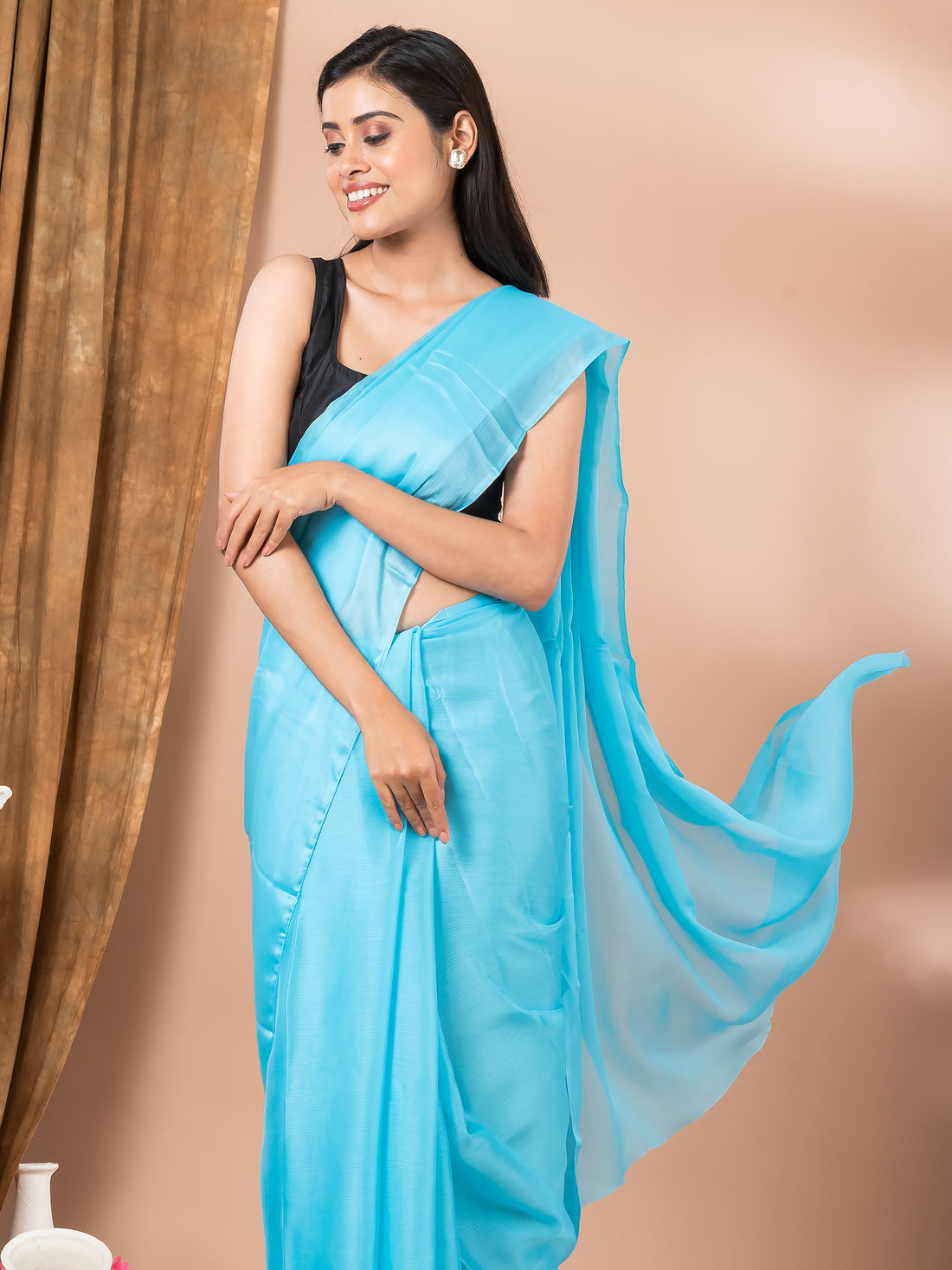 Aqua Blue plain rangoli Mahalasa Saree - digital sequins blouse