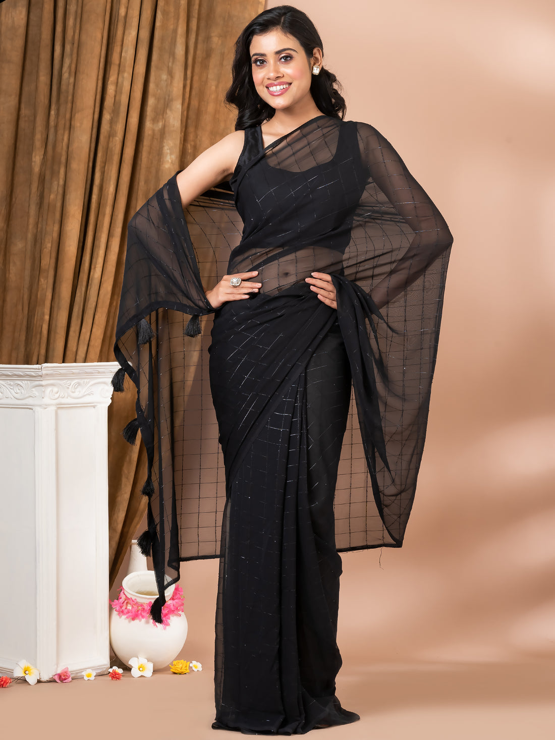 Black plain Checks Georgette Mahalasa Saree without border