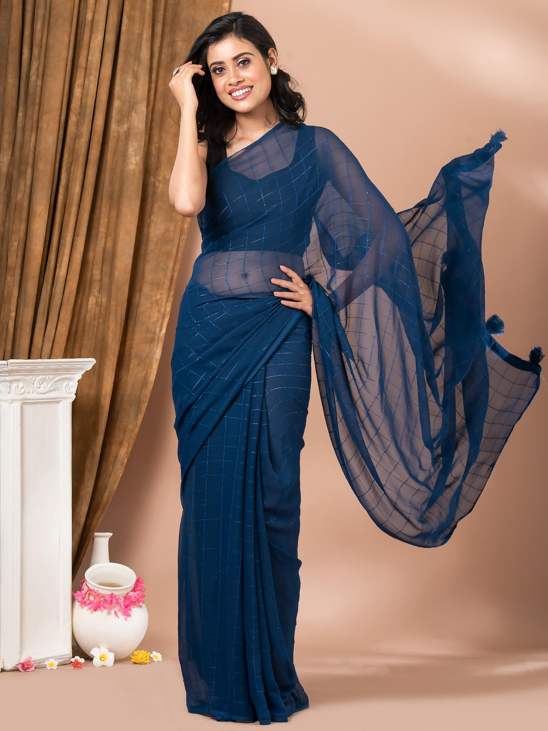 Navy Blue Georgette Solid Stripes Fancy Party Wear Mahalasa Saree