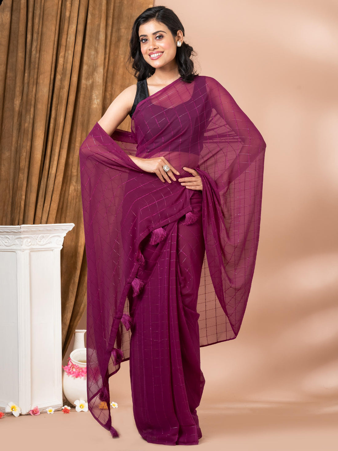 Wine Stripes Saree In Crape Fabric