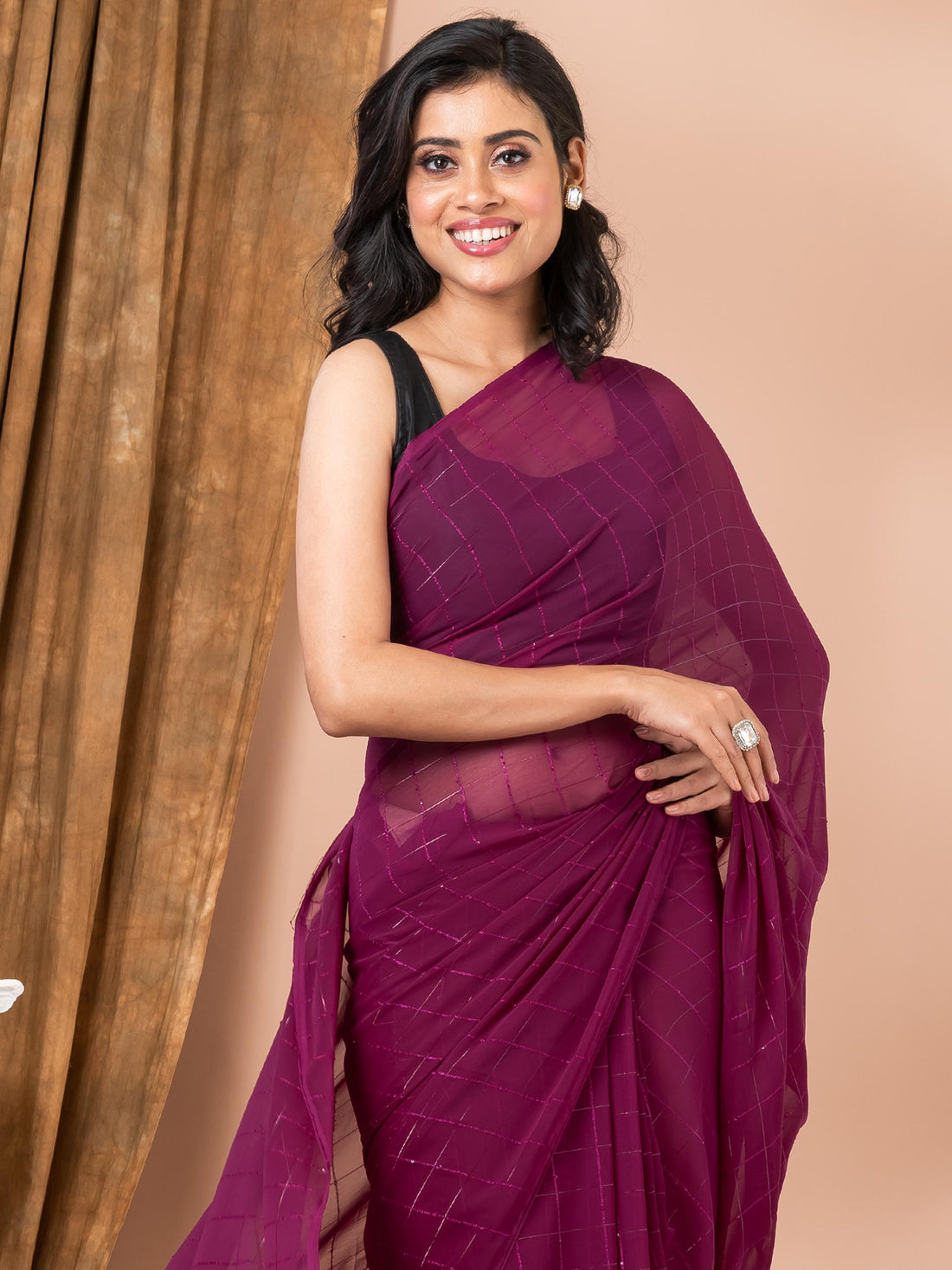 Wine Stripes Saree In Crape Fabric