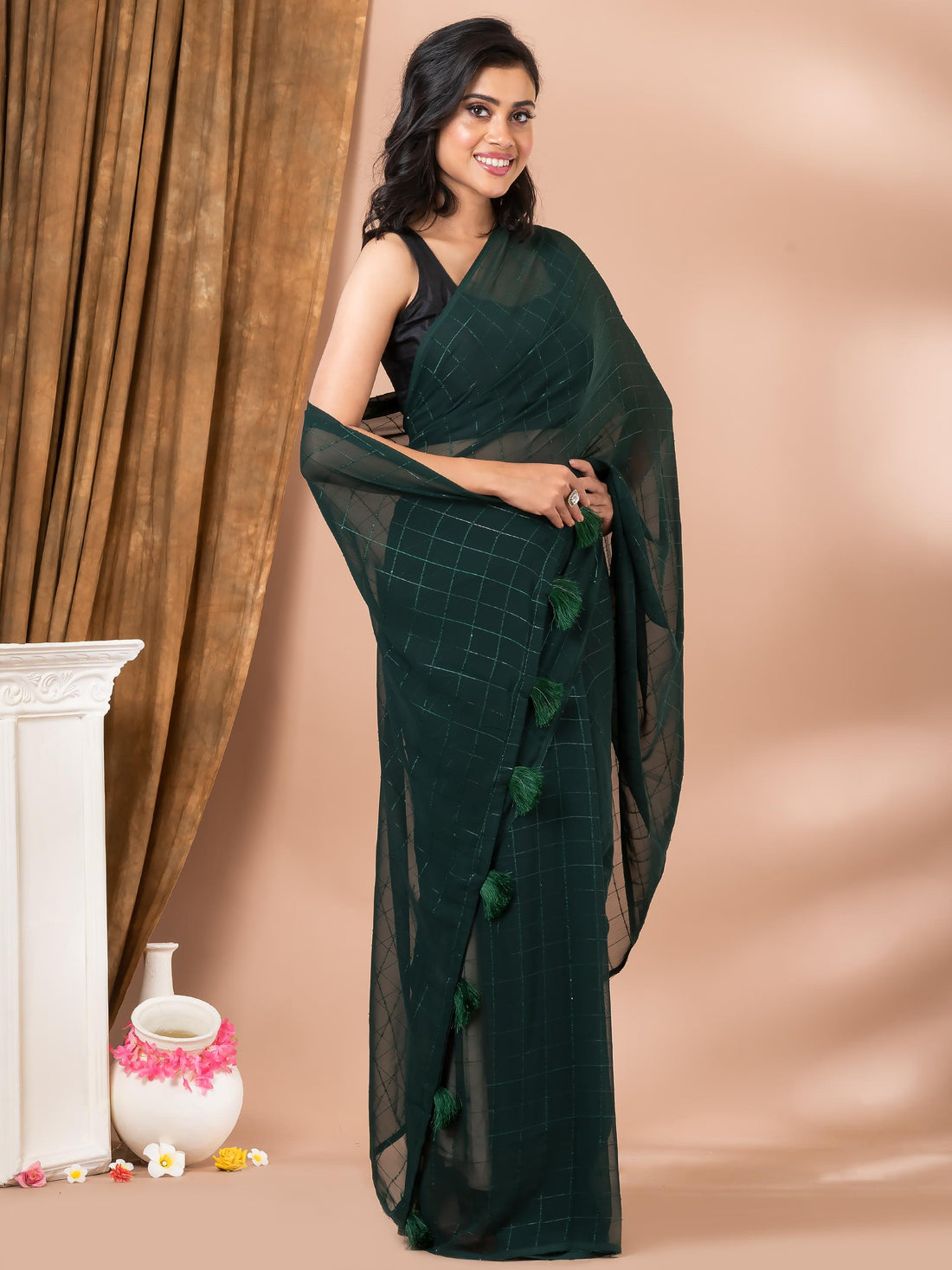 Teal Chiffon Solid Saree