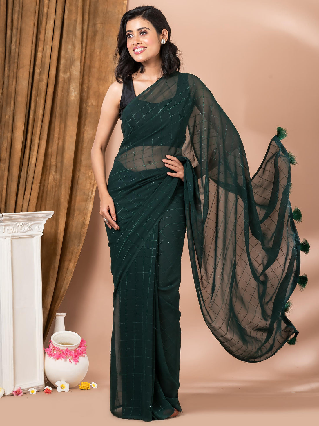 Teal Chiffon Solid Saree