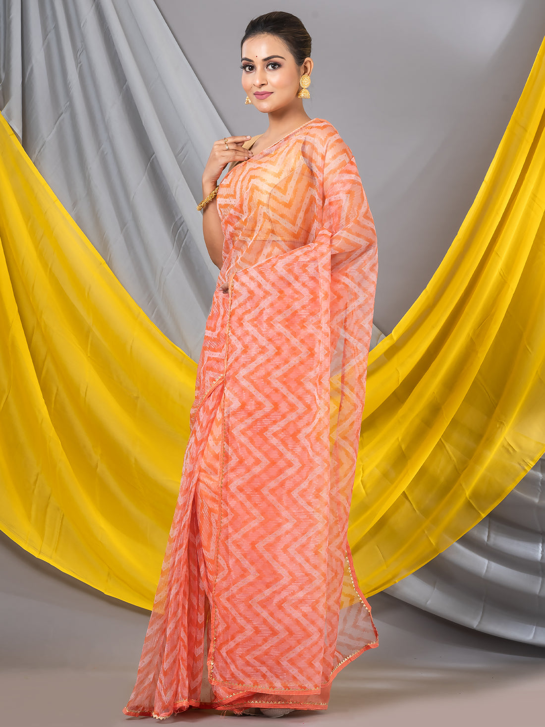 Orange Chiffon Zig Zag Pattern Designer Mahalasa Saree