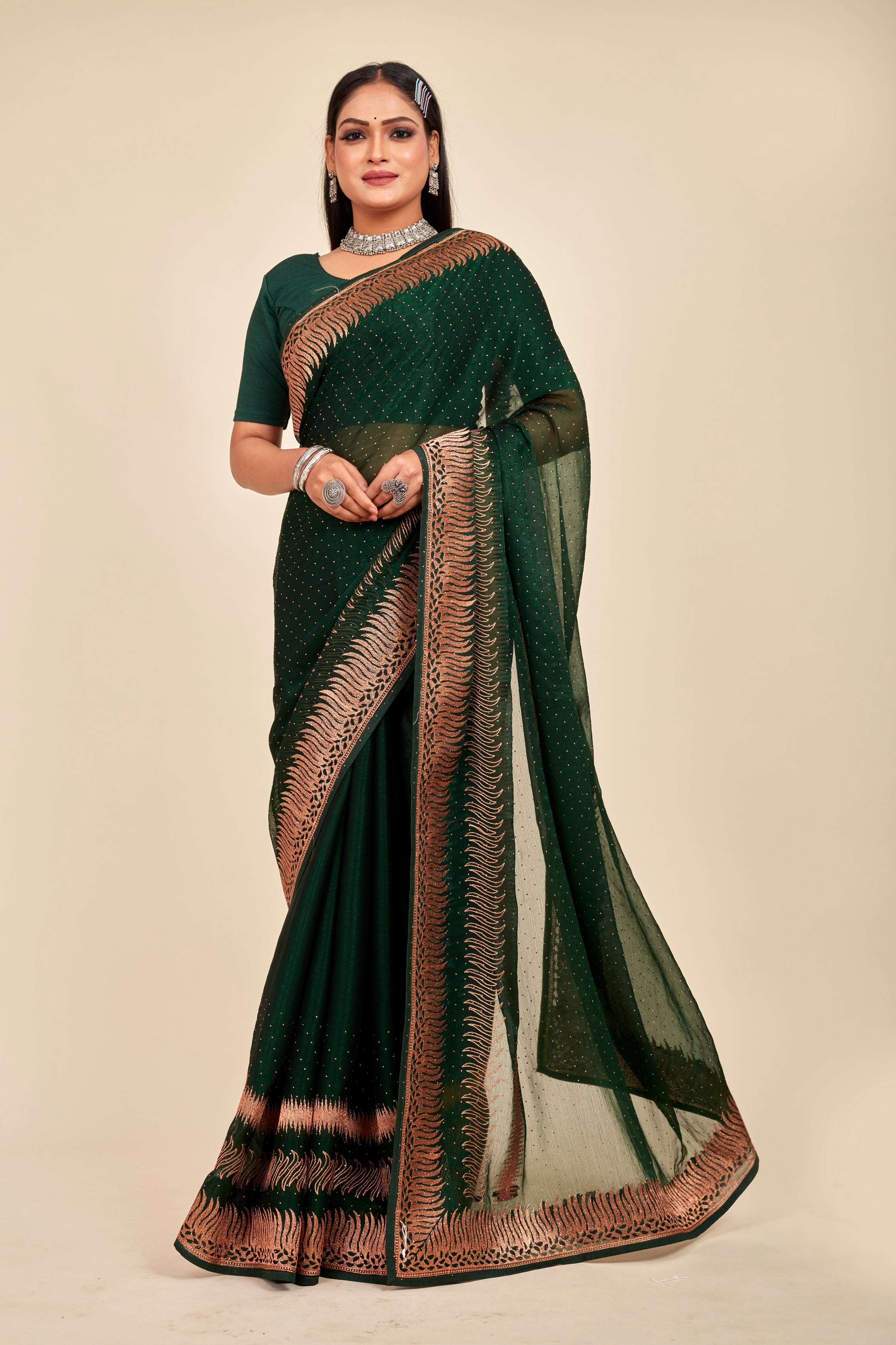 Bottle Green Shimmer Swarovski Designer Mahalasa Saree