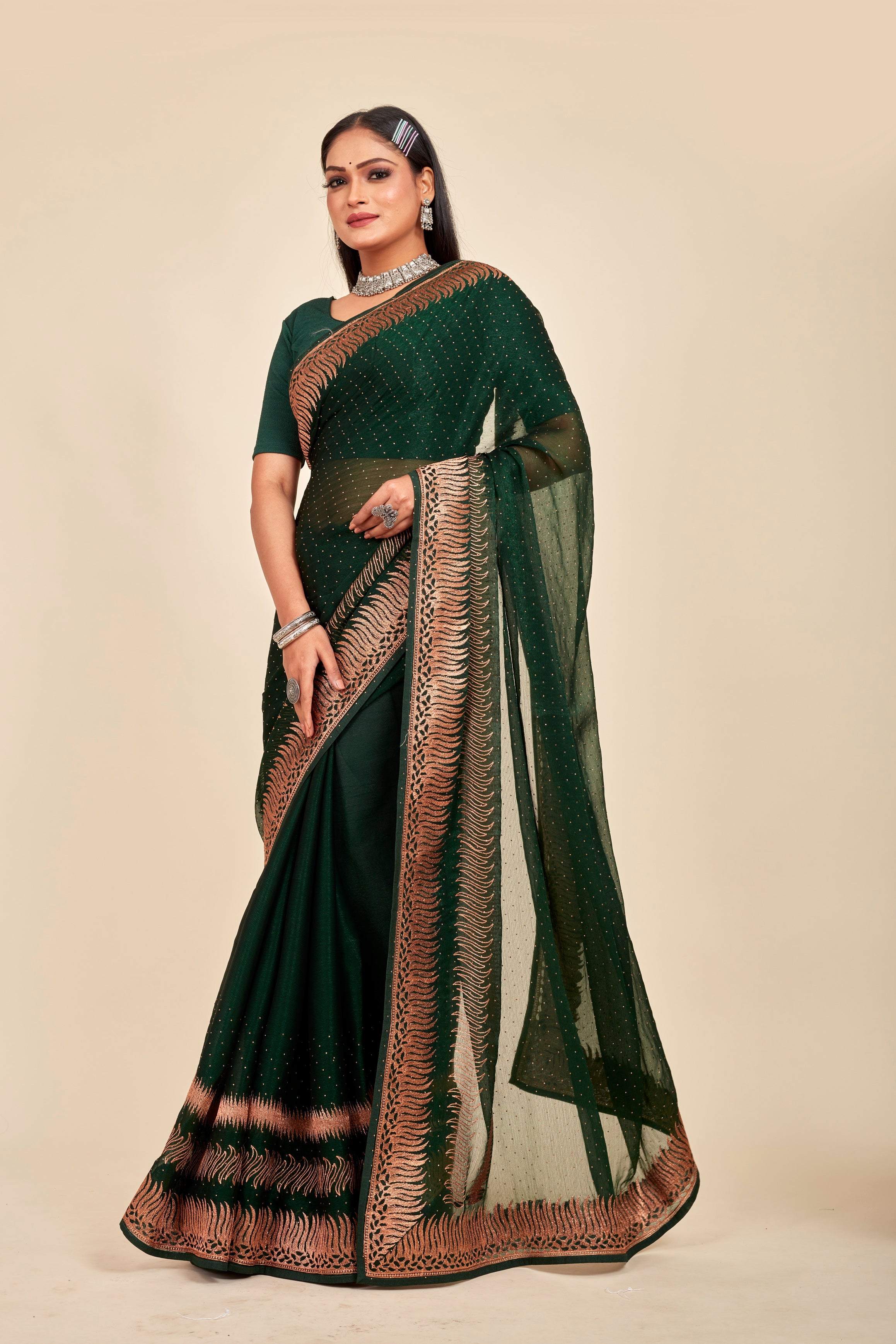 Bottle Green Shimmer Swarovski Designer Mahalasa Saree