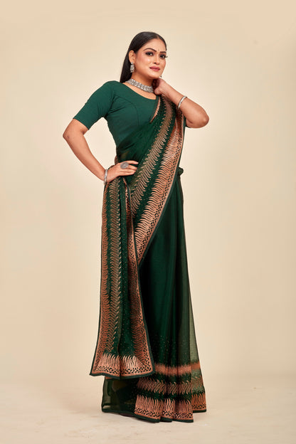 Bottle Green Shimmer Swarovski Designer Mahalasa Saree