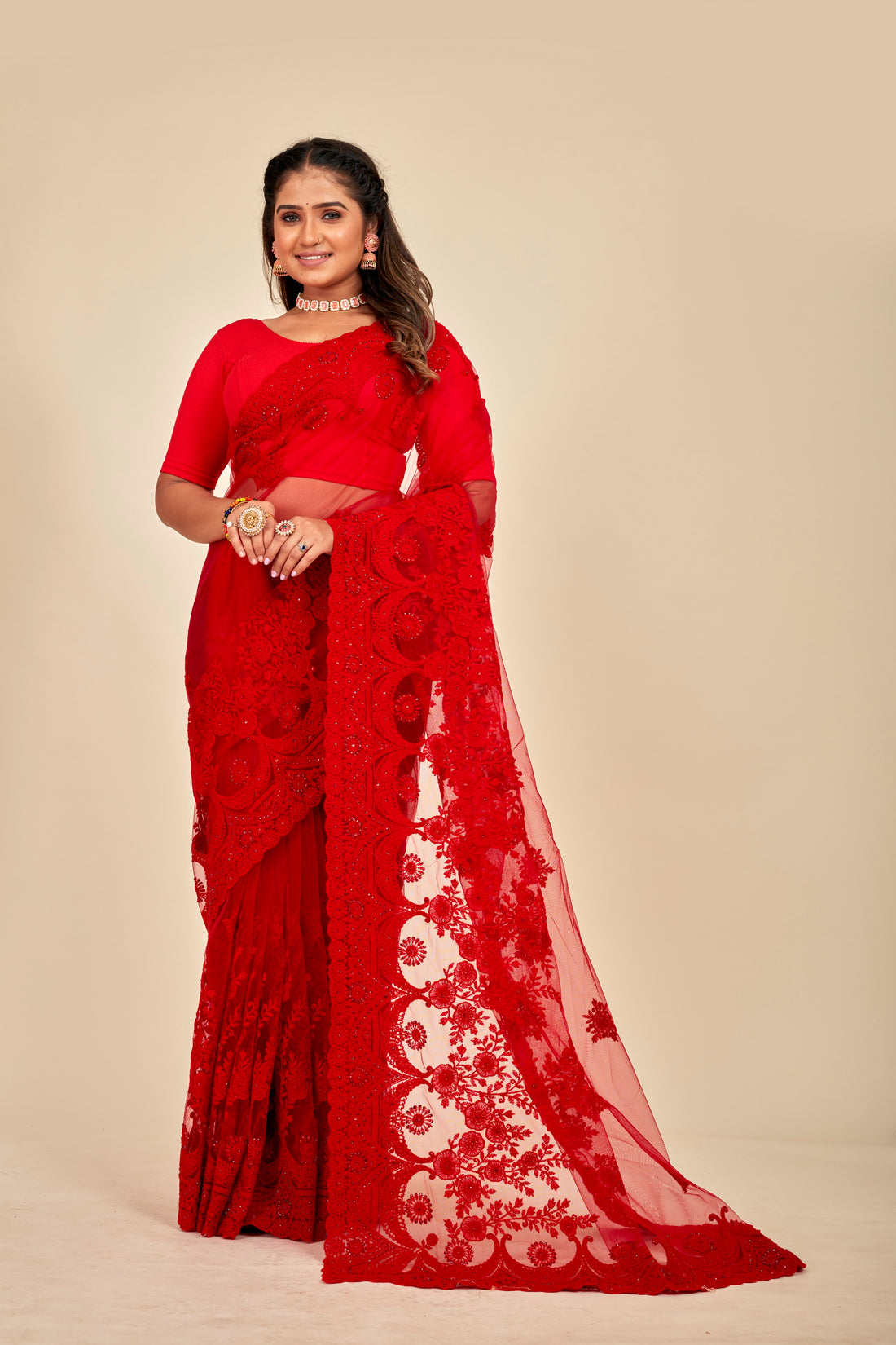 Red Net Stone Studded Saree