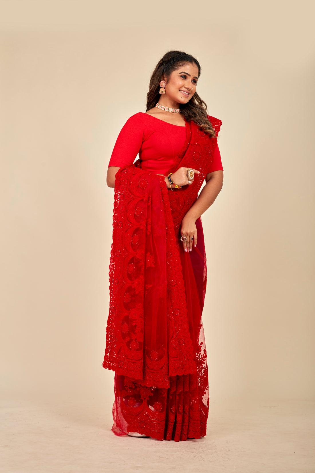 Red Net Stone Studded Saree