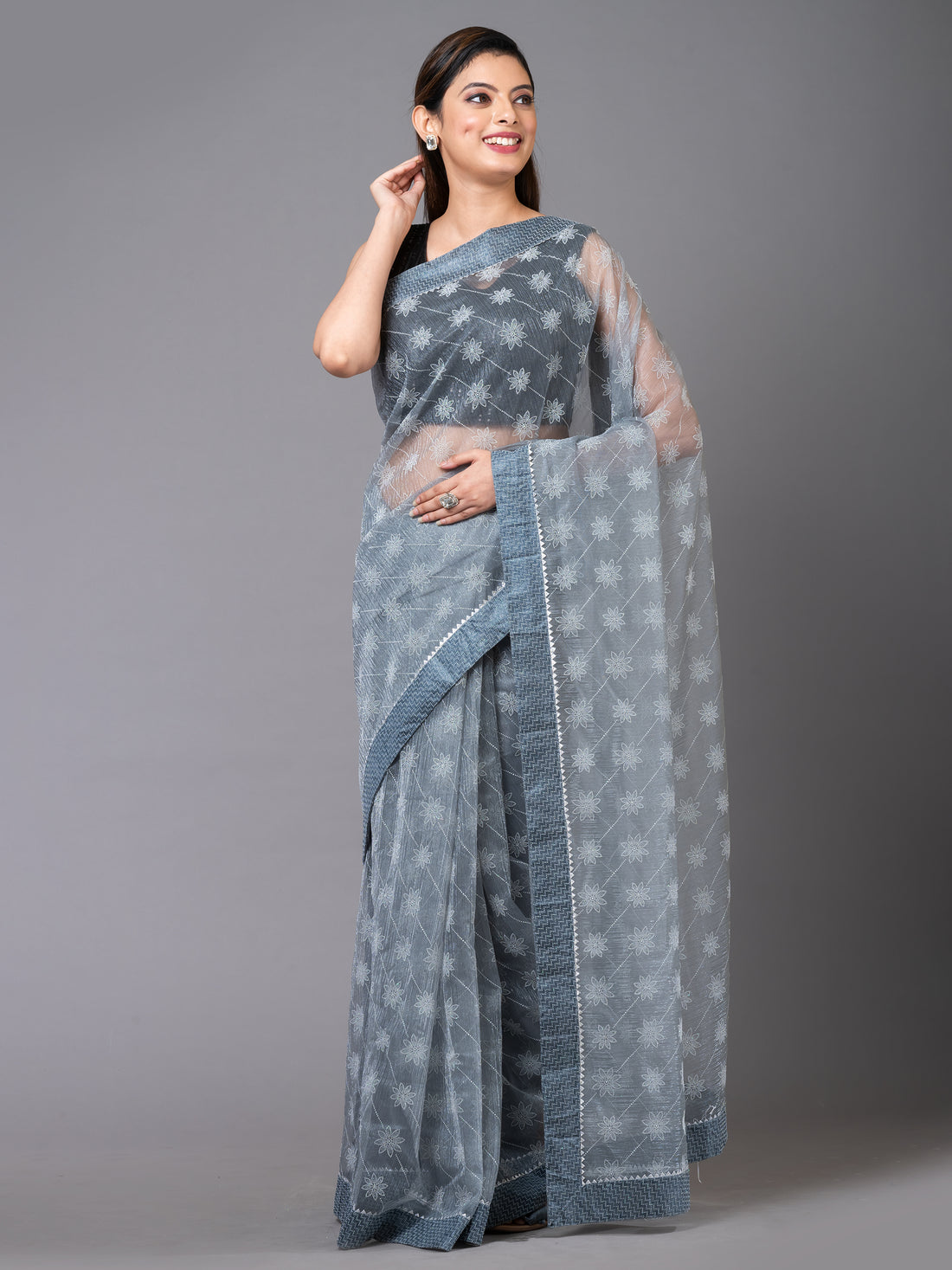 Grey Chiffon Floral Pattern Designer Mahalasa Saree