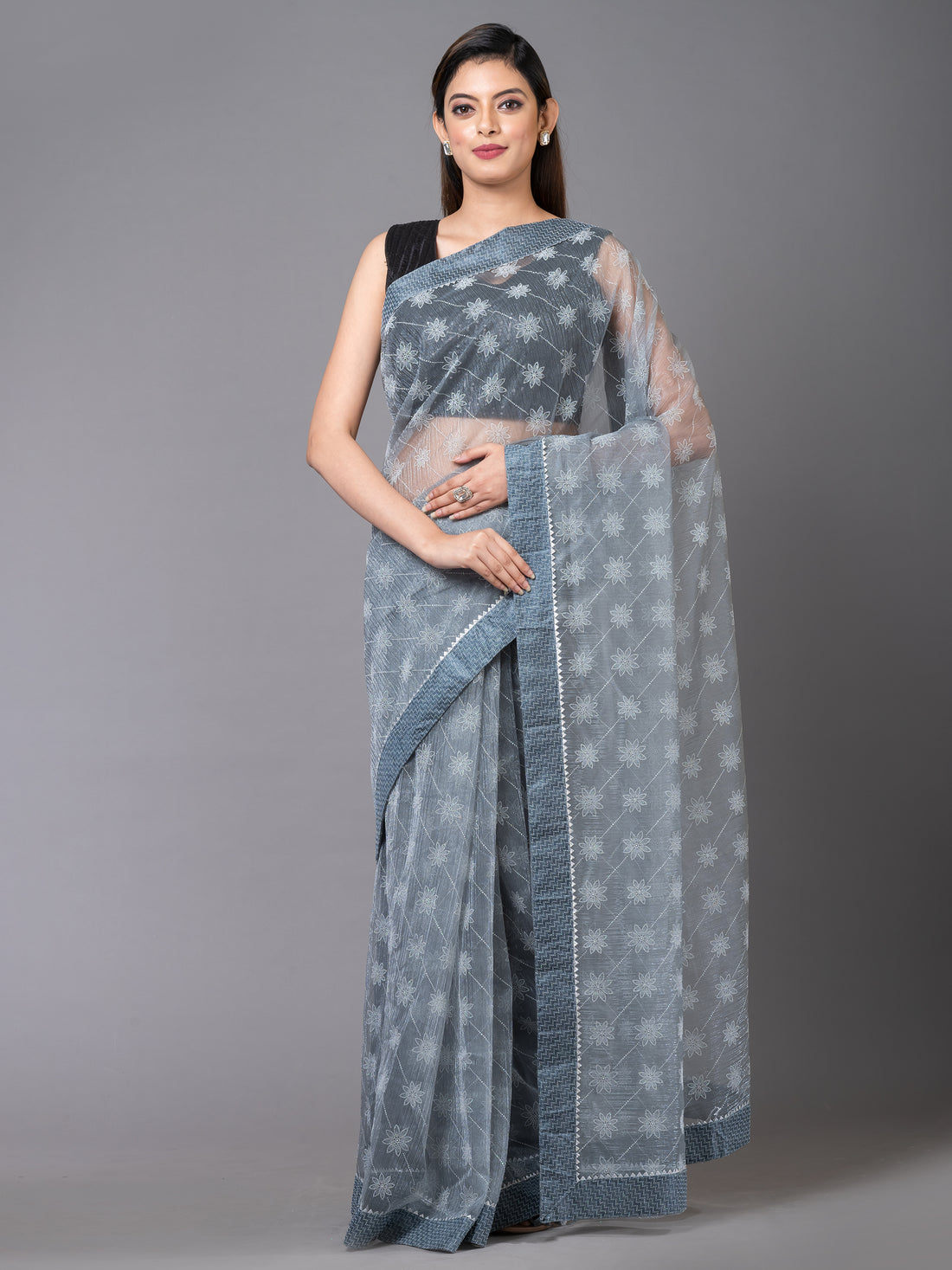 Grey Chiffon Floral Pattern Designer Mahalasa Saree