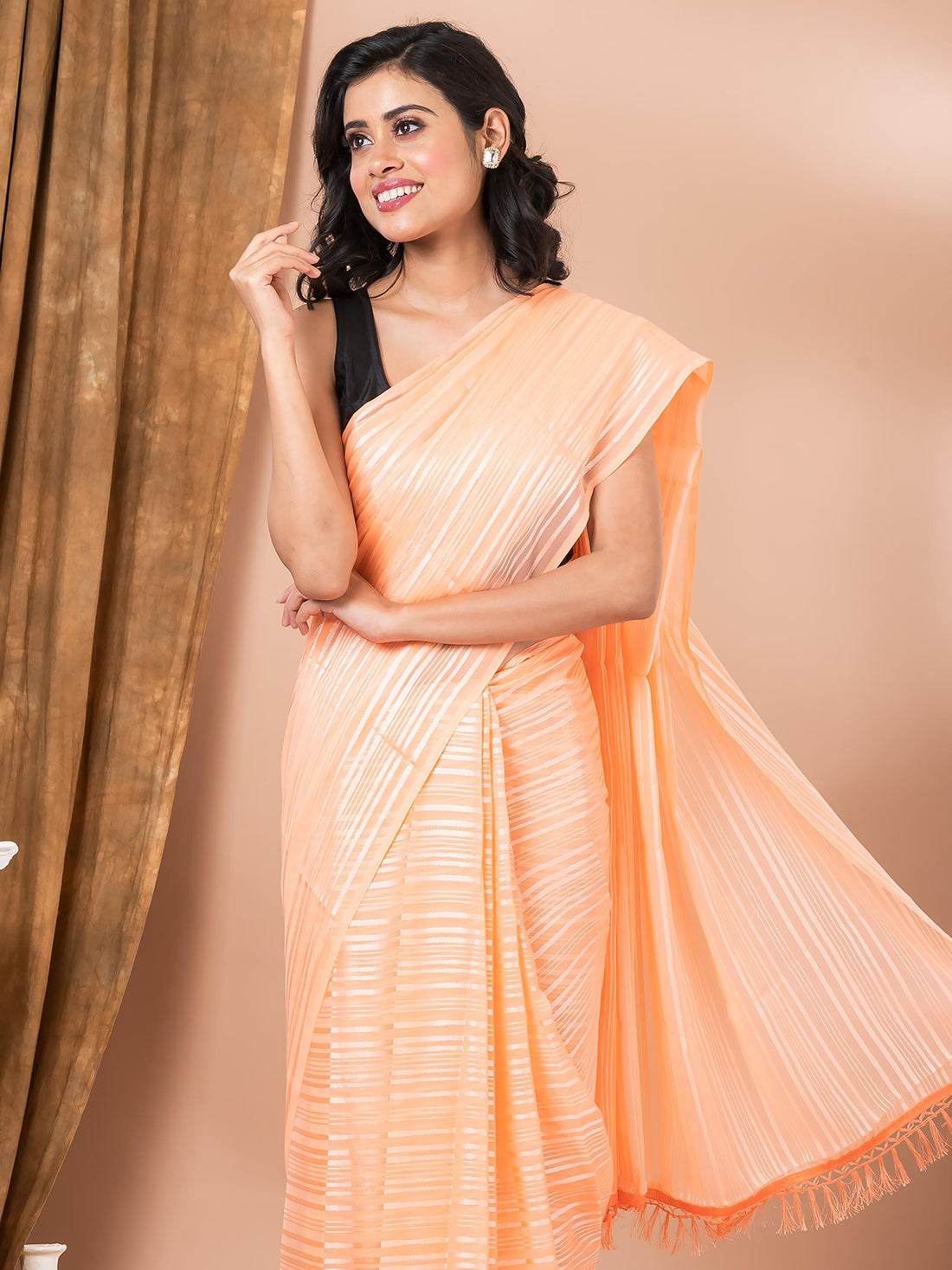 Light Orange Georgette Solid Stripes Fancy Mahalasa  Saree