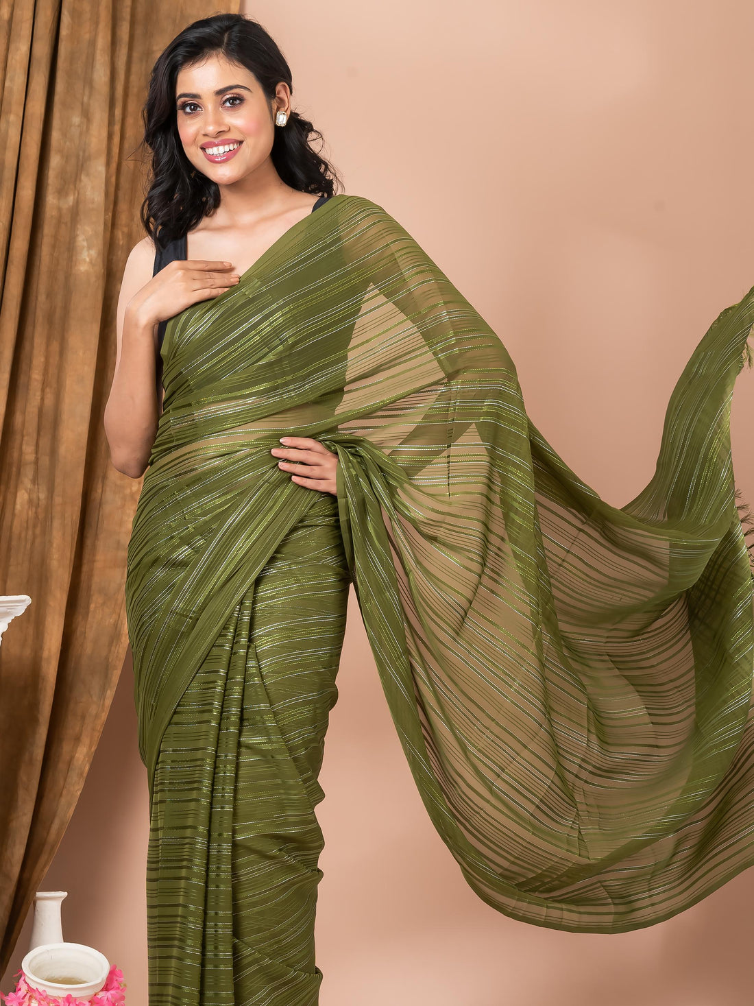 Mehendi Georgette Solid Zari Stripes Mahalasa Saree