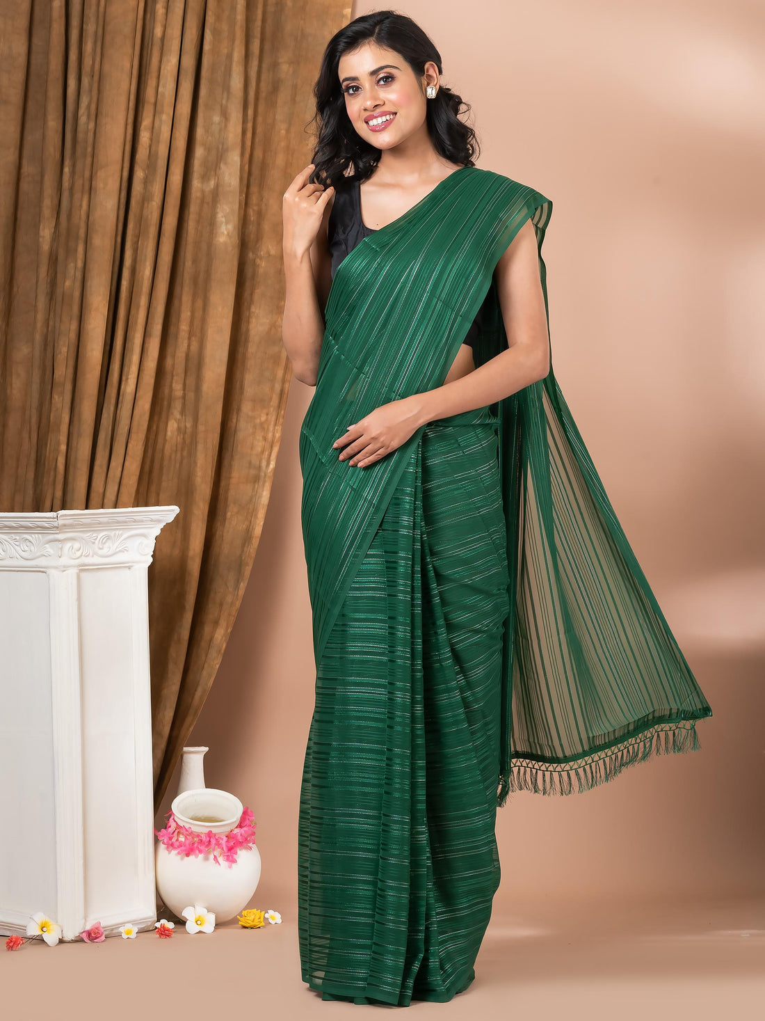 Bottle Green Solid Stripes Designer Mahalasa Saree