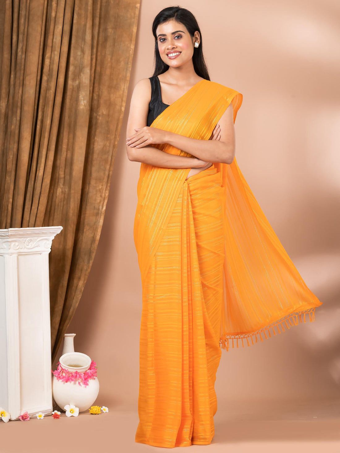 Orange Chiffon Solid Stripes Daily Wear Mahalasa Saree