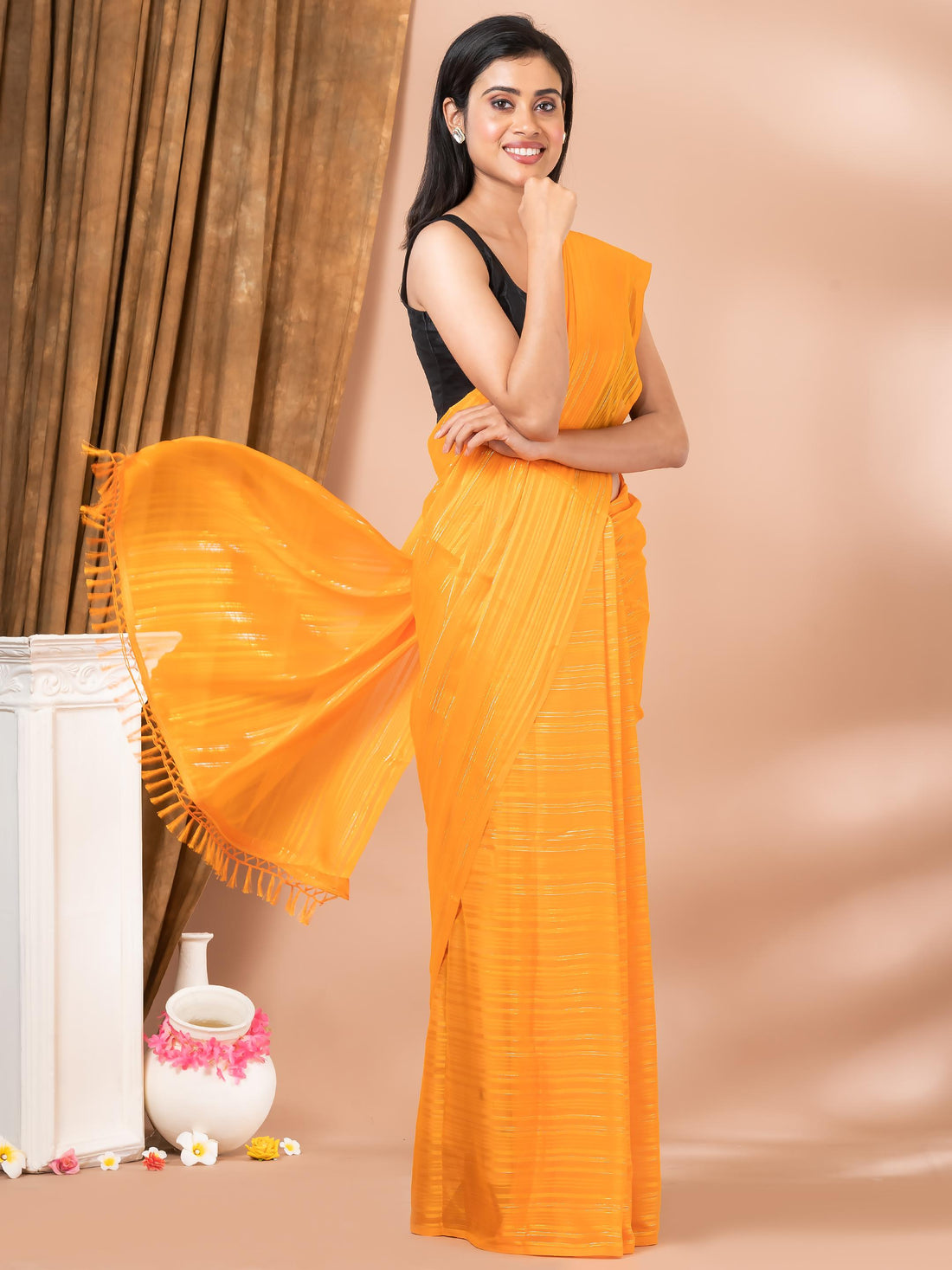 Orange Chiffon Solid Stripes Daily Wear Mahalasa Saree