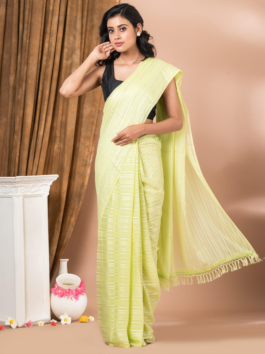 Light Olive Georegette Soilid Stripes Daily Wear Mahalasa  Saree