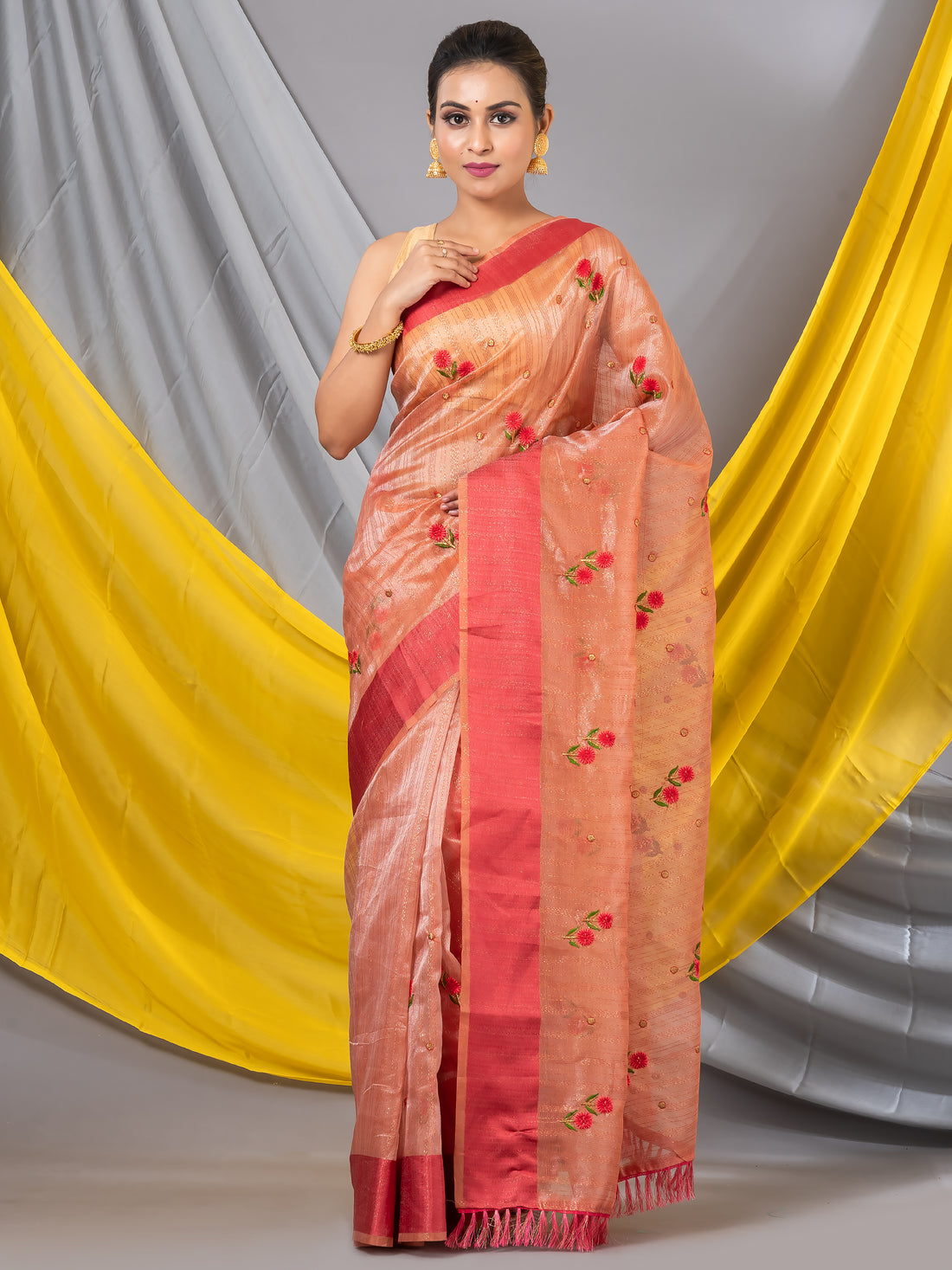 Light Orange Pure Chiffon Thread Work Designer Mahalasa Saree