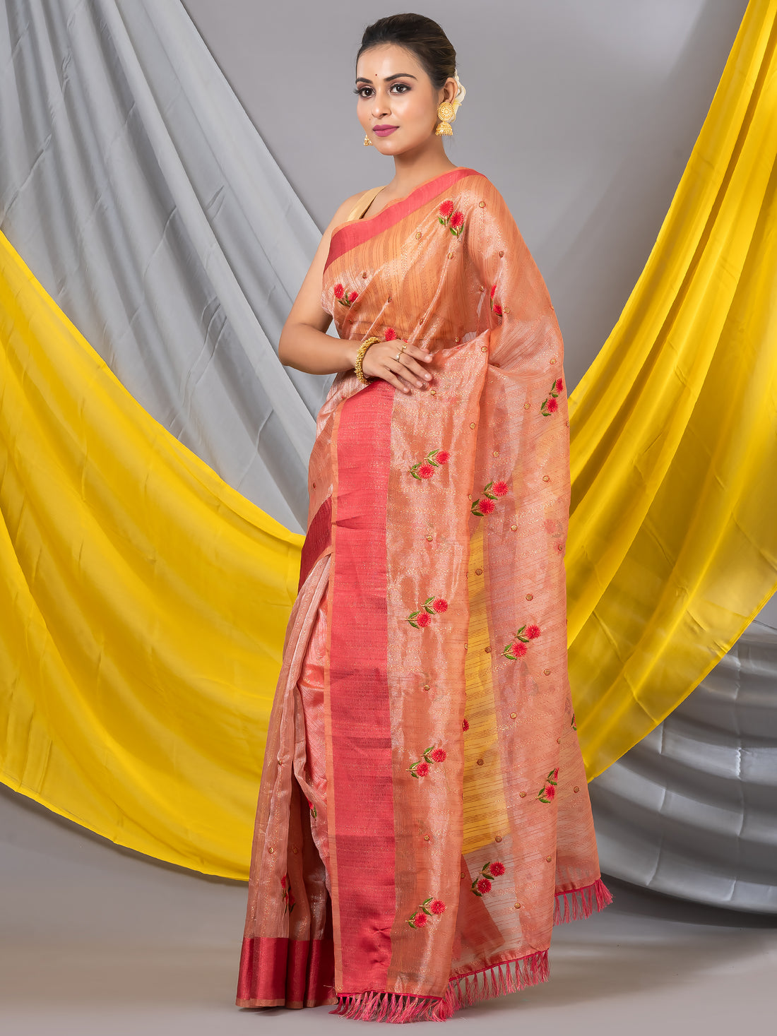 Light Orange Pure Chiffon Thread Work Designer Mahalasa Saree