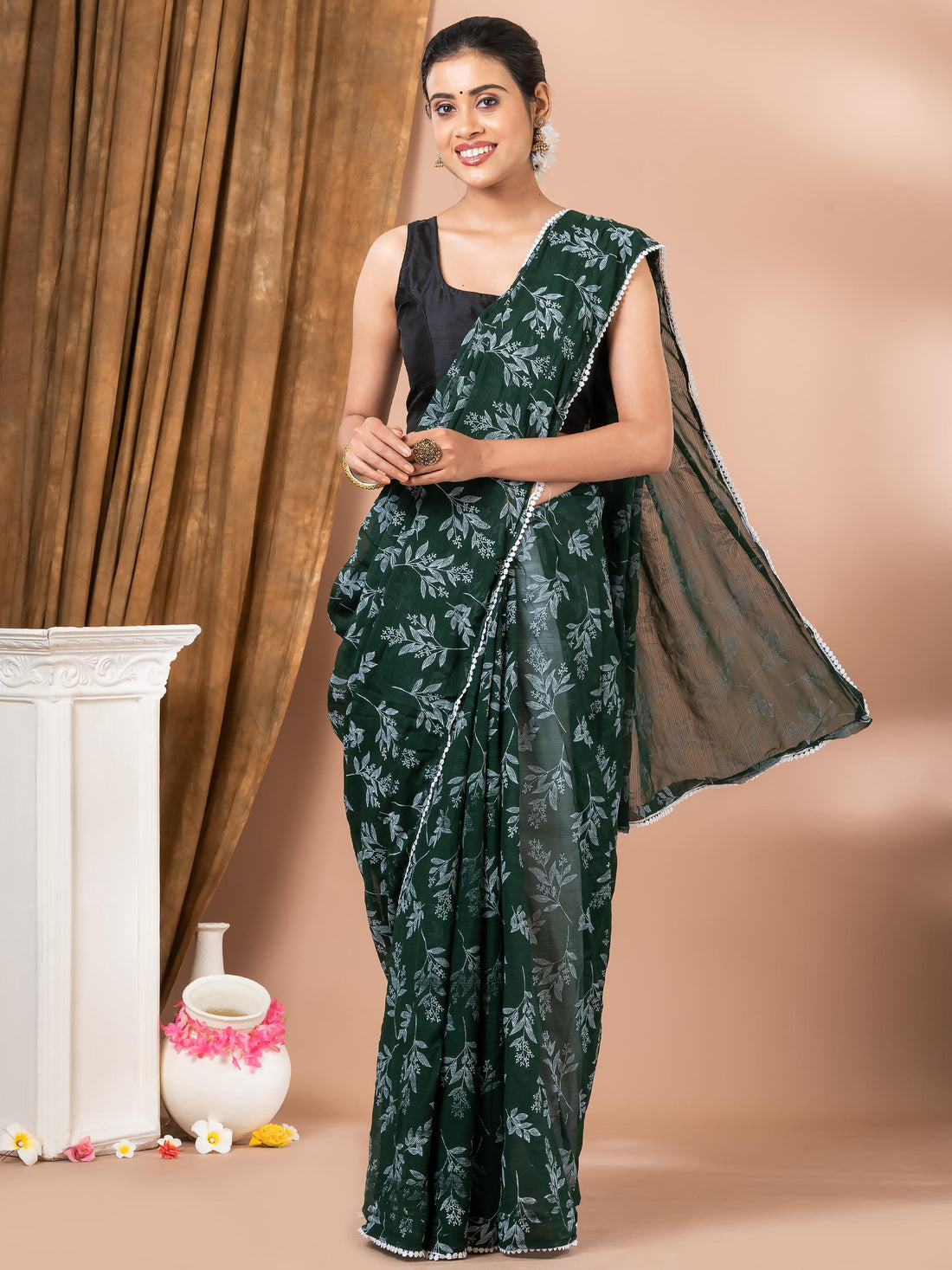 Bottle Green Tissue Floral  Festive Mahalasa Saree