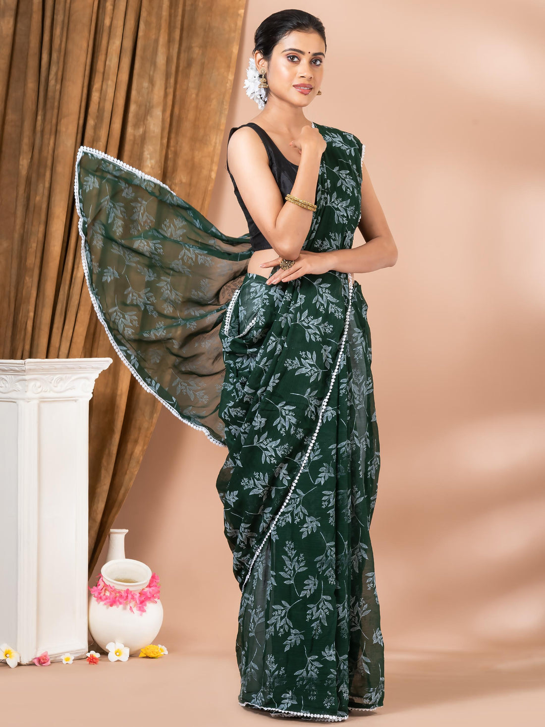 Bottle Green Tissue Floral  Festive Mahalasa Saree