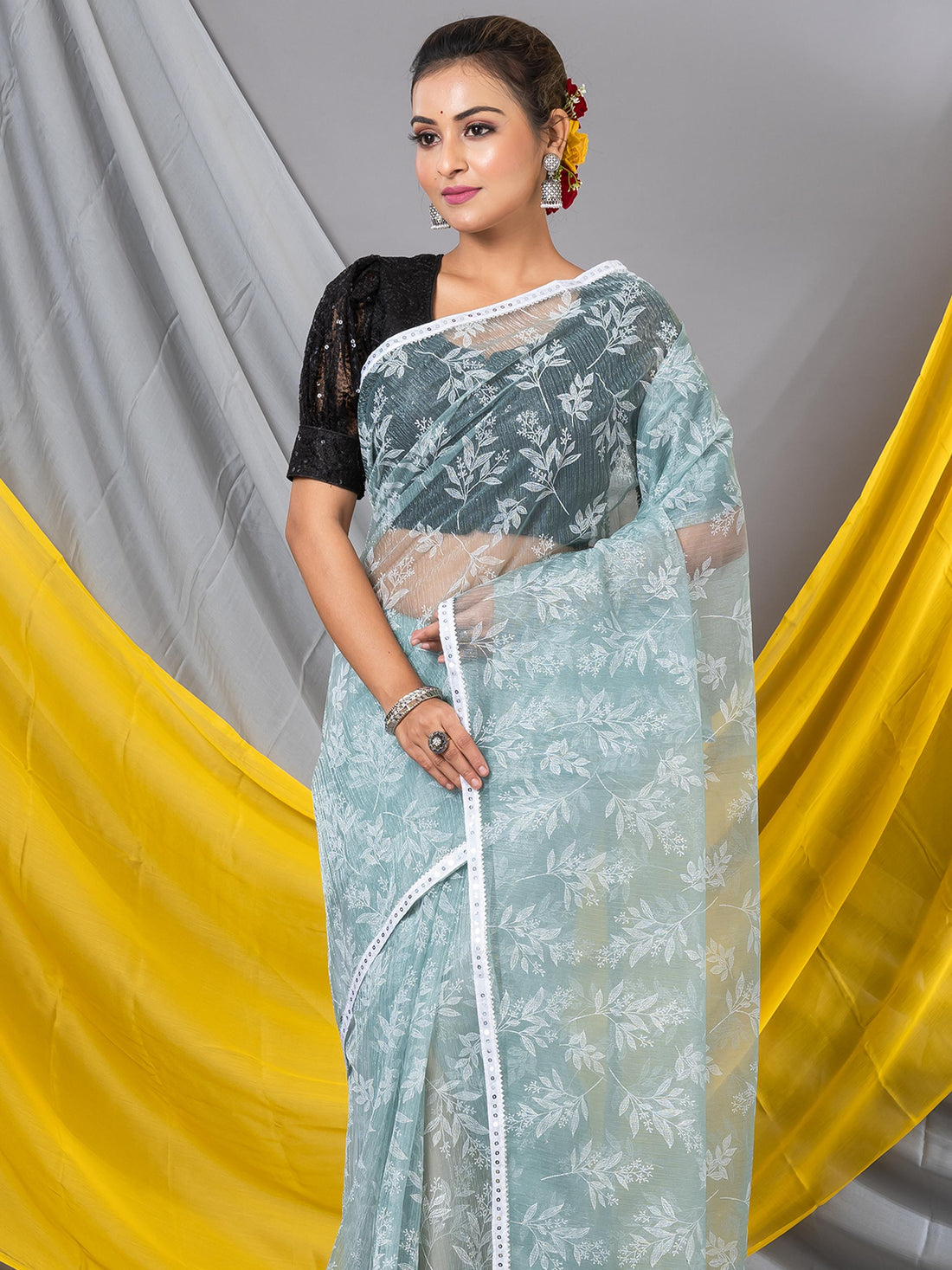 Light Sea Green Chiffon  Floral Designer Mahalasa Saree