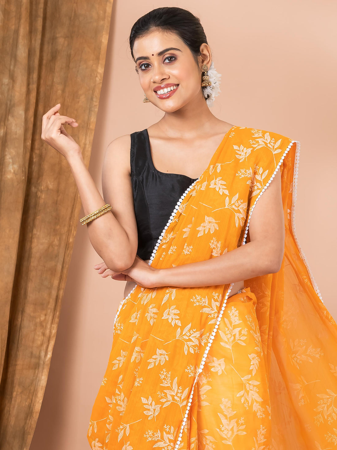 Orange Chiffon Floral Pattern Designer Mahalasa Saree