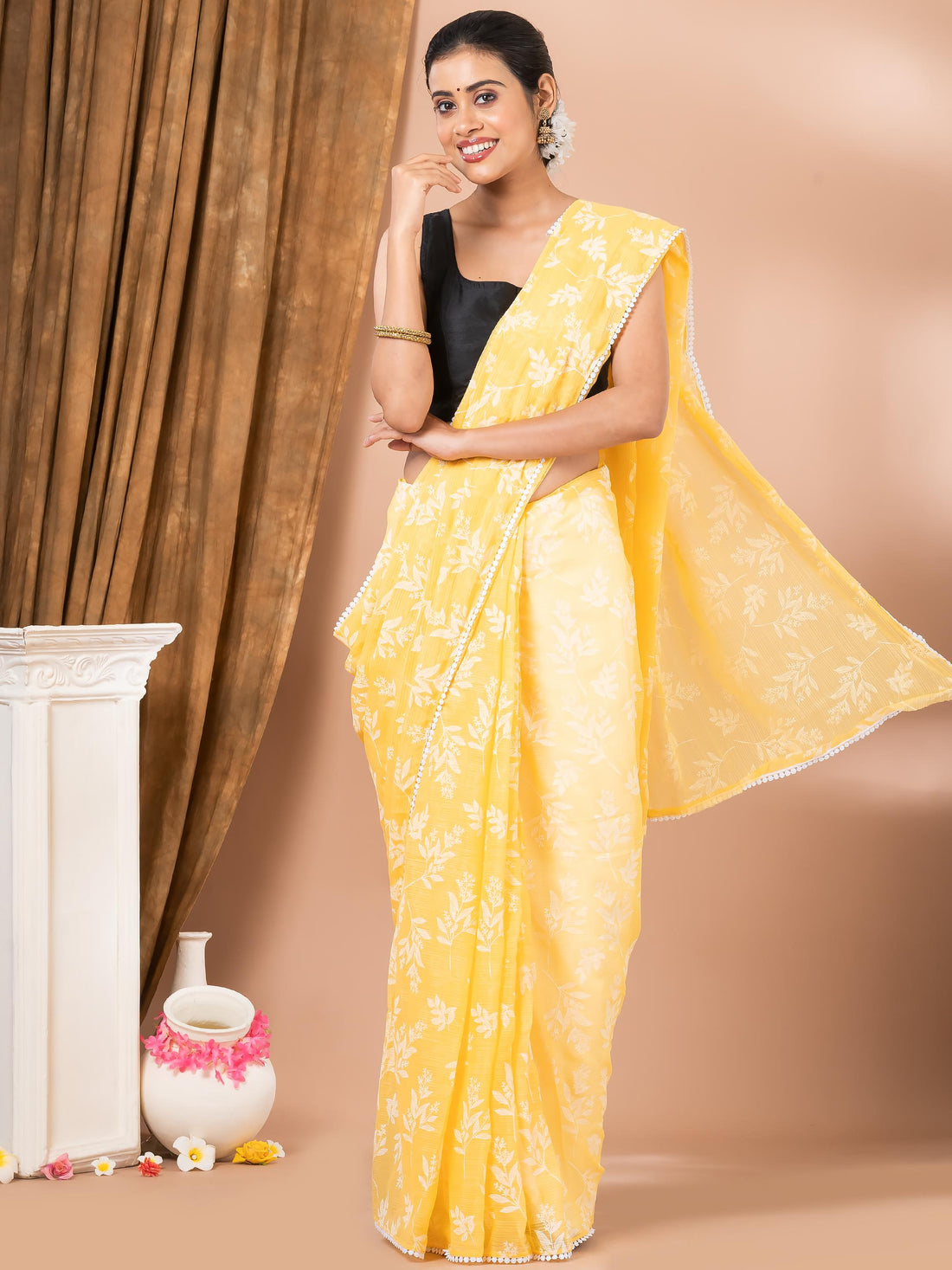 Lime Yellow Chiffon Floral Designer Saree