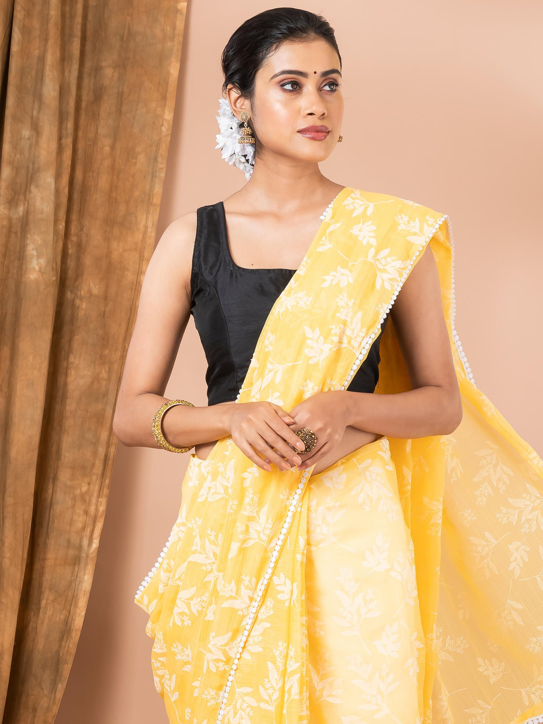 Lime Yellow Chiffon Floral Designer Saree