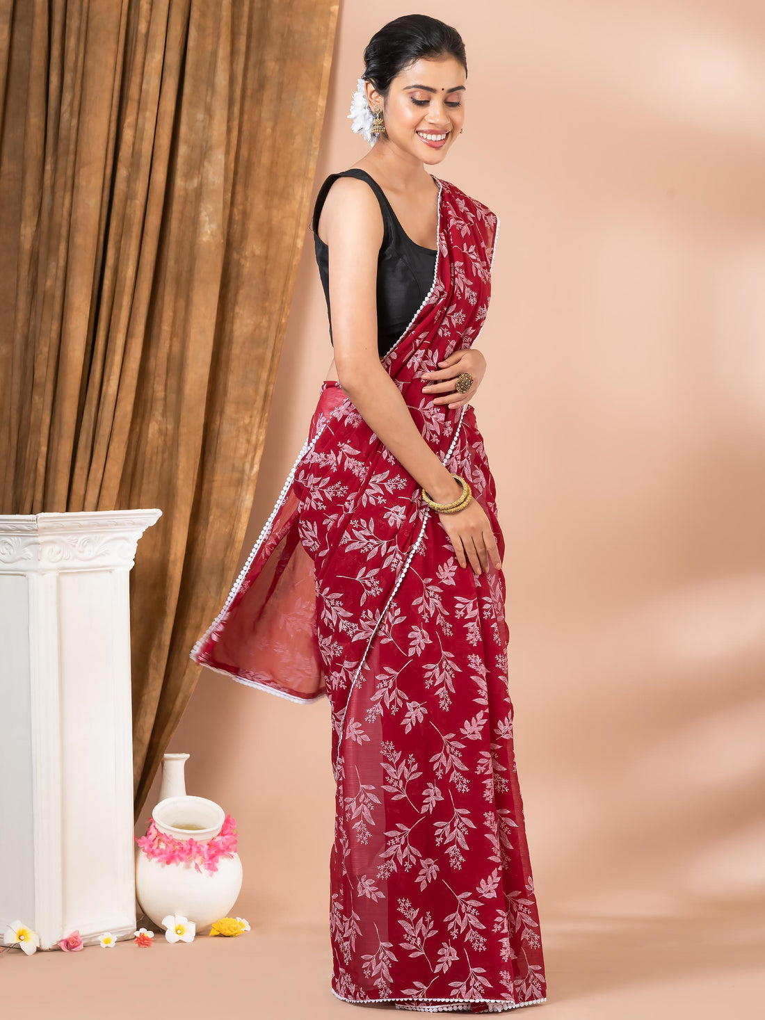 Maroon Chiffon Floral Design Party wear Mahalasa  Saree