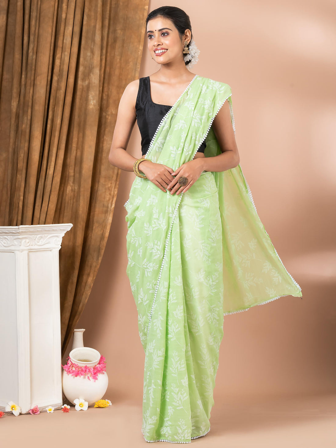 Mint Green Chiffon Floral Designer Mahalasa Saree