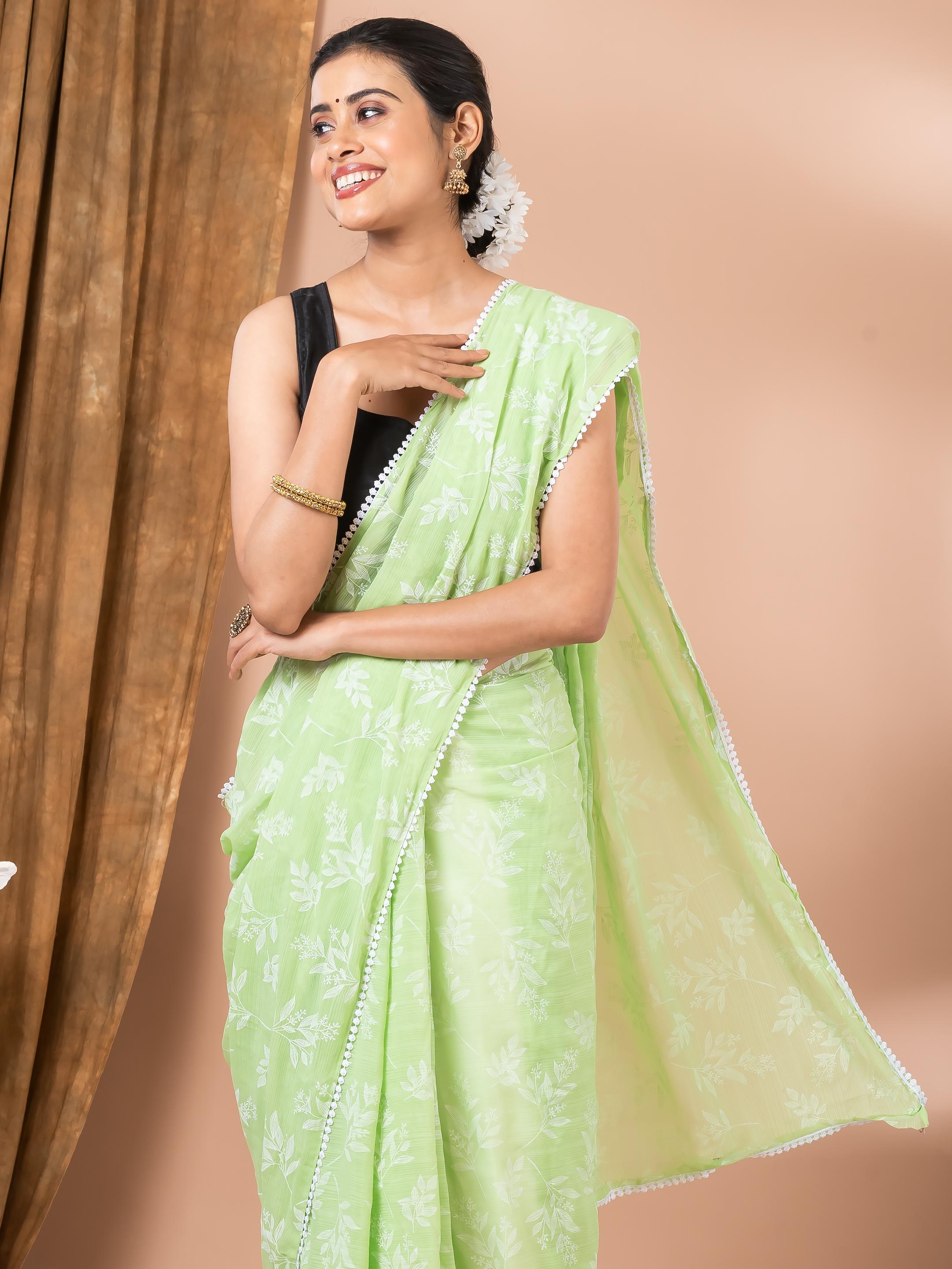 Mint Green Chiffon Floral Designer Mahalasa Saree