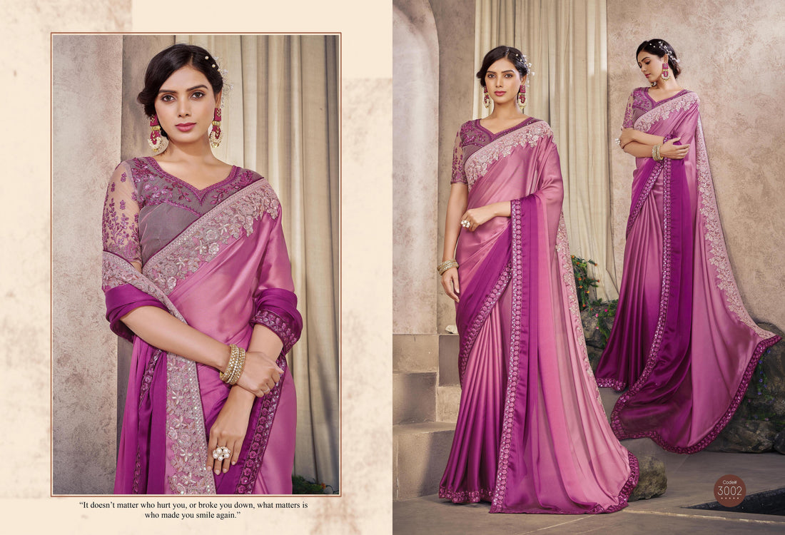 Wine &amp; Peach Ombre Poly Crape Fabric Floral Sequins Border Saree