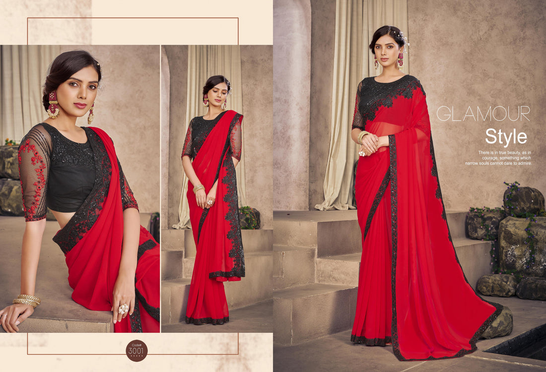 Red &amp; Black Solid Poly Georgette Fabric Floral Sequins Border Saree