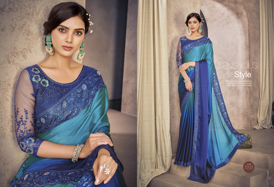 Blue &amp; Aqua Ombre Dyed Poly Crape Floral Sequins Border Saree