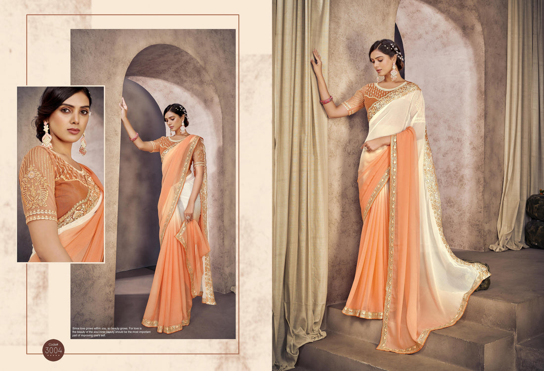 White-Peach Ombre Dyed Poly Georgette Saree With Floral Embroidery Border