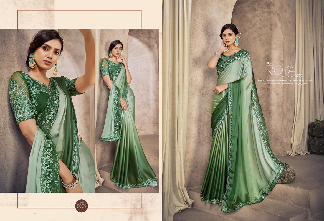 Green Ombre Poly Crape Fabric Floral Sequins Border Saree