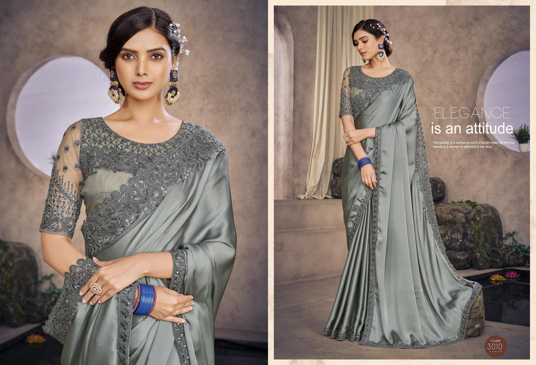 Grey Solid Satin Fabric Heavy Floral Sequins Border Saree